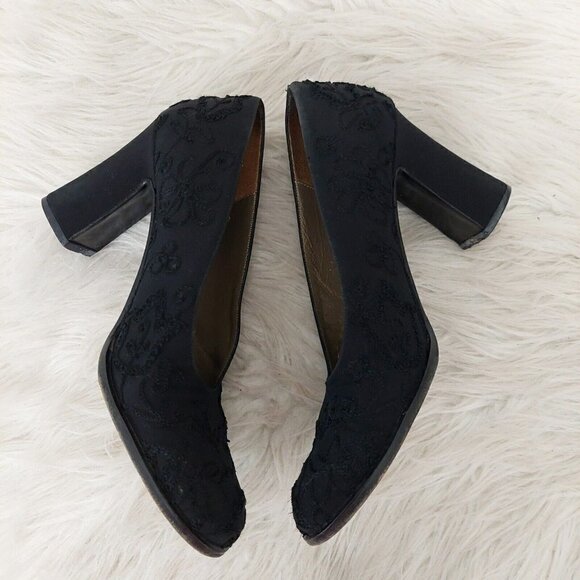 YSL Yves Saint Laurent Sz 8 M Vintage Black Embroidered Floral Chunky Heel Pumps - Picture 7 of 10